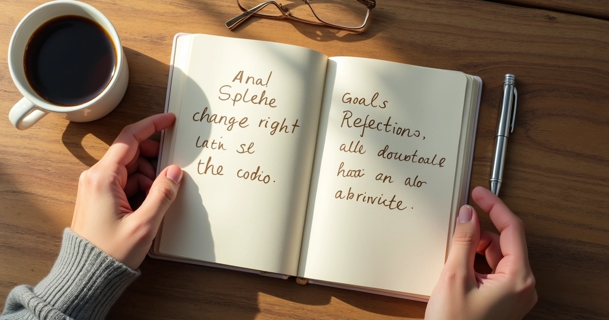 Caderno aberto com anotações e café 