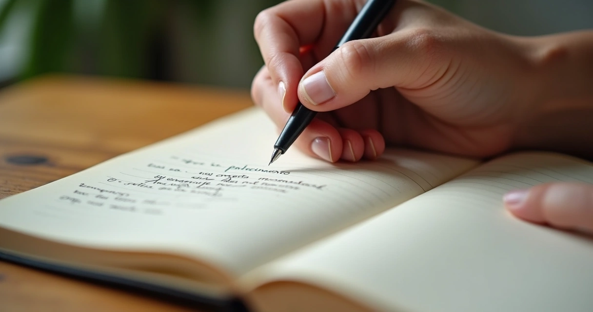 Pessoa escrevendo em caderno sobre autoconhecimento, mãos e caneta em foco 