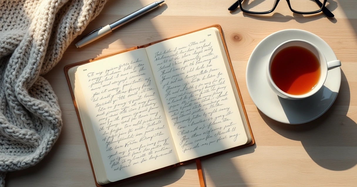 Caderno com anotações e chá em mesa clara