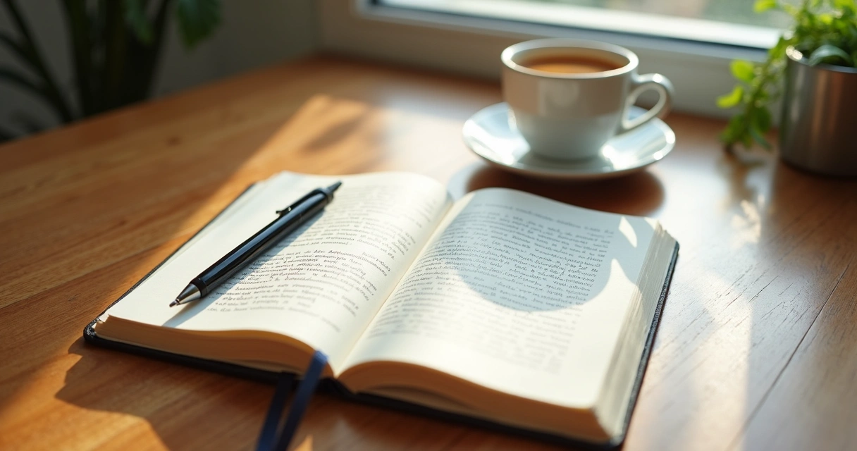 Caderno com anotações e xícara sobre mesa clara