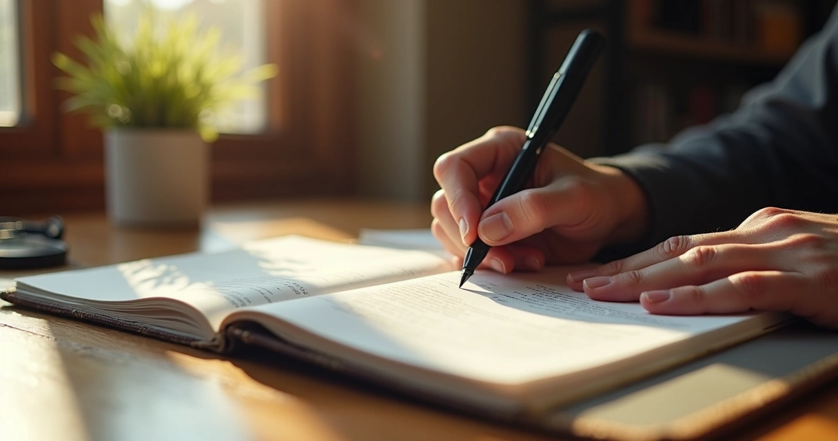 Mão escrevendo em um caderno aberto, com anotações e reflexões, sobre uma mesa de madeira, à luz do dia 
