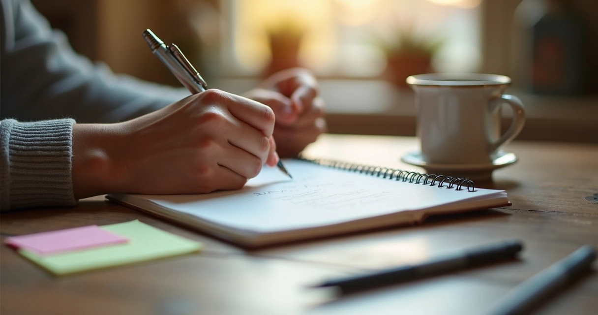 Pessoa escrevendo reflexões em caderno de autoconhecimento 