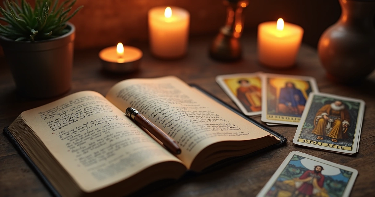 Caderno aberto com anotações, cartas de tarot ao lado, ambiente tranquilo de reflexão espiritual 