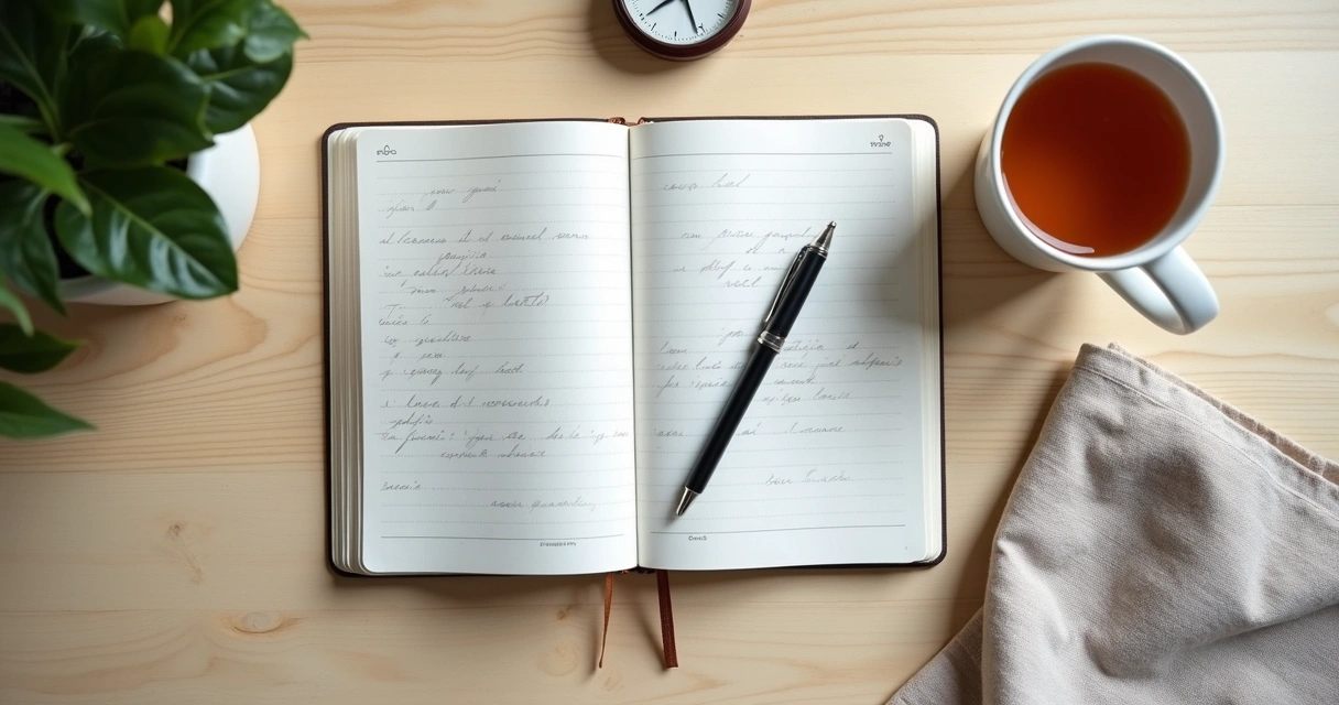 Caderno aberto com anotações e xícara ao lado
