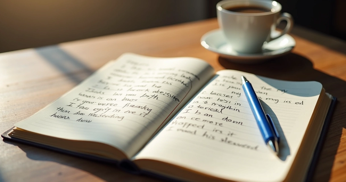 Caderno aberto com anotações e caneta ao lado. 