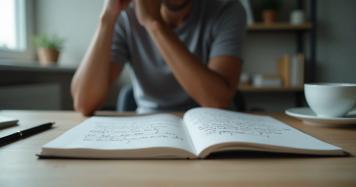 Caderno com anotações e mão no rosto em momento de reflexão 