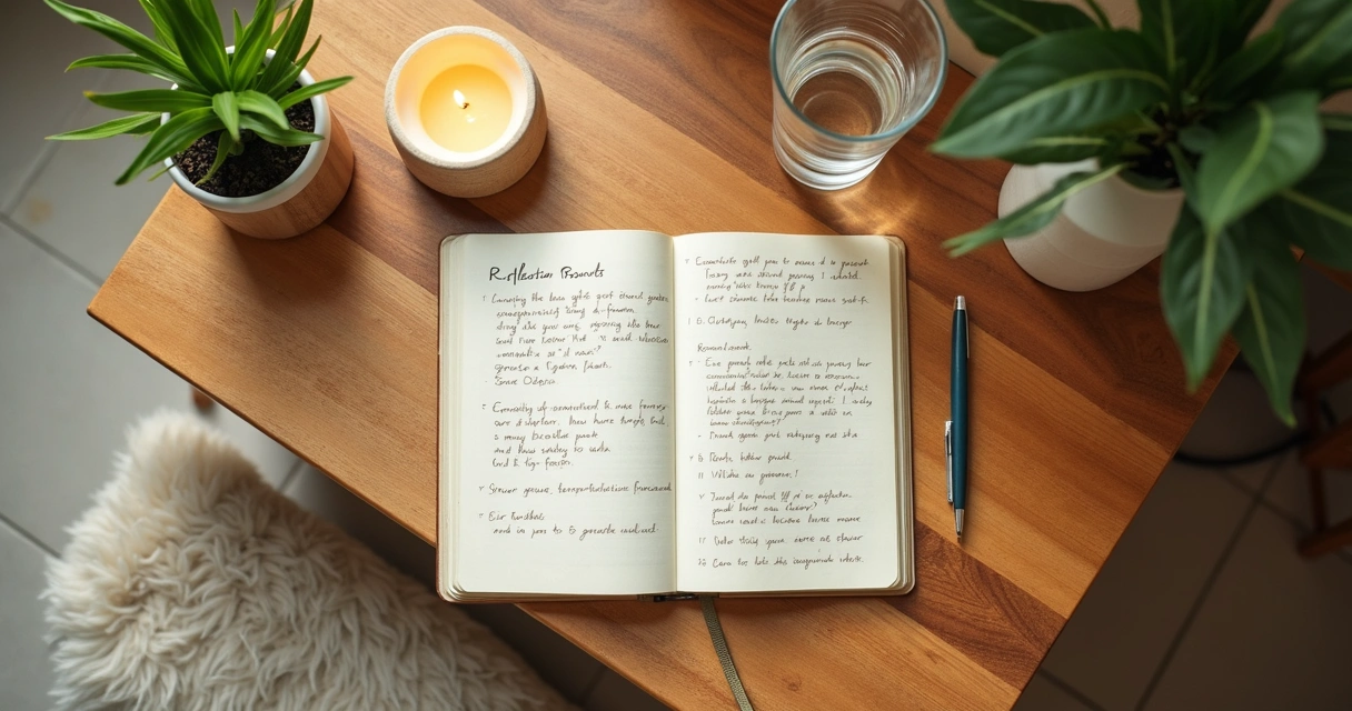 Caderno com práticas de autocuidado sobre a mesa
