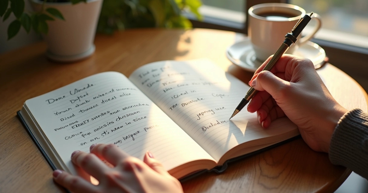 Página de caderno com anotações, xícara de café, mãos segurando caneta apoiadas na mesa de madeira. 