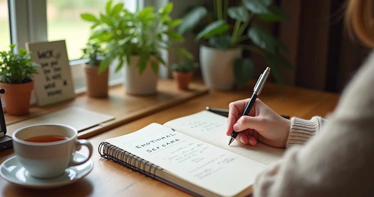 Pessoa escrevendo em um caderno sobre autocuidado pessoal