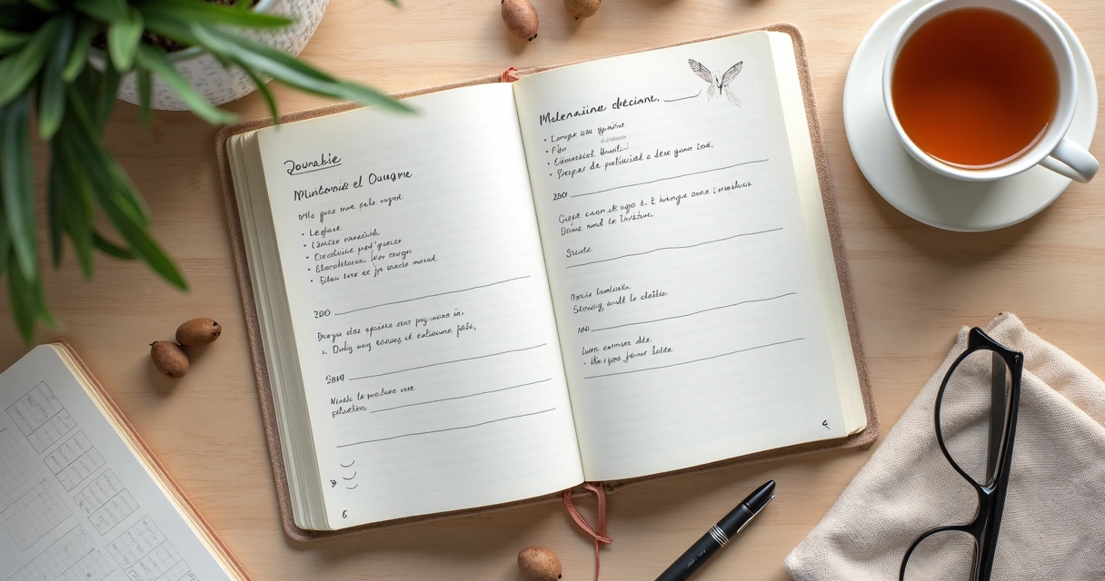 Caderno com rotina de autocuidado e xícara de chá