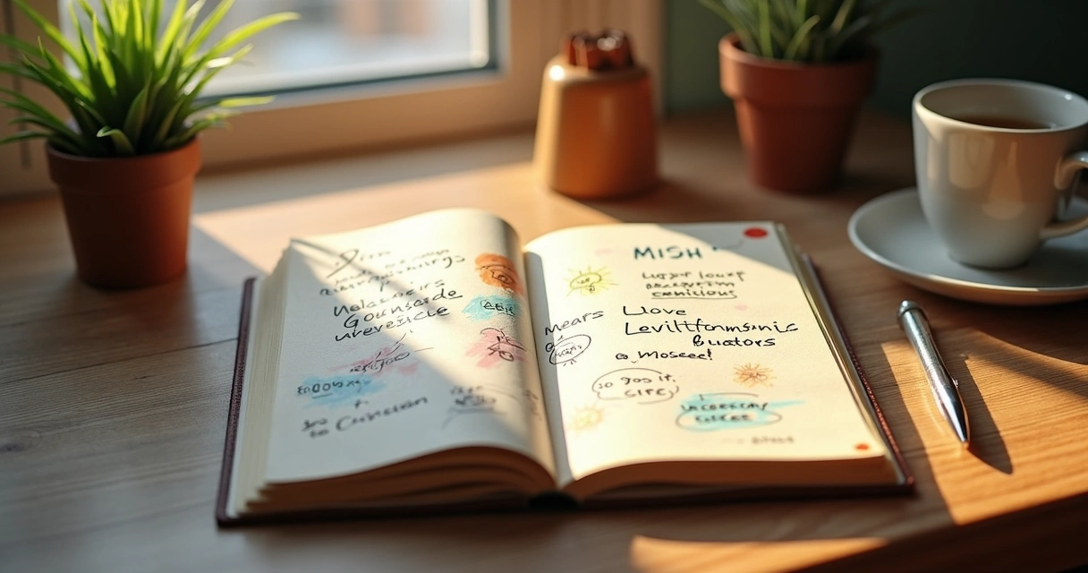 Caderno com anotações manuscritas e ilustrações de emoções, caneta ao lado e ambiente aconchegante 