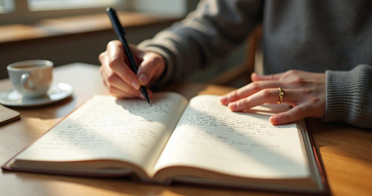 Caderno com anotações e pessoa refletindo em silêncio