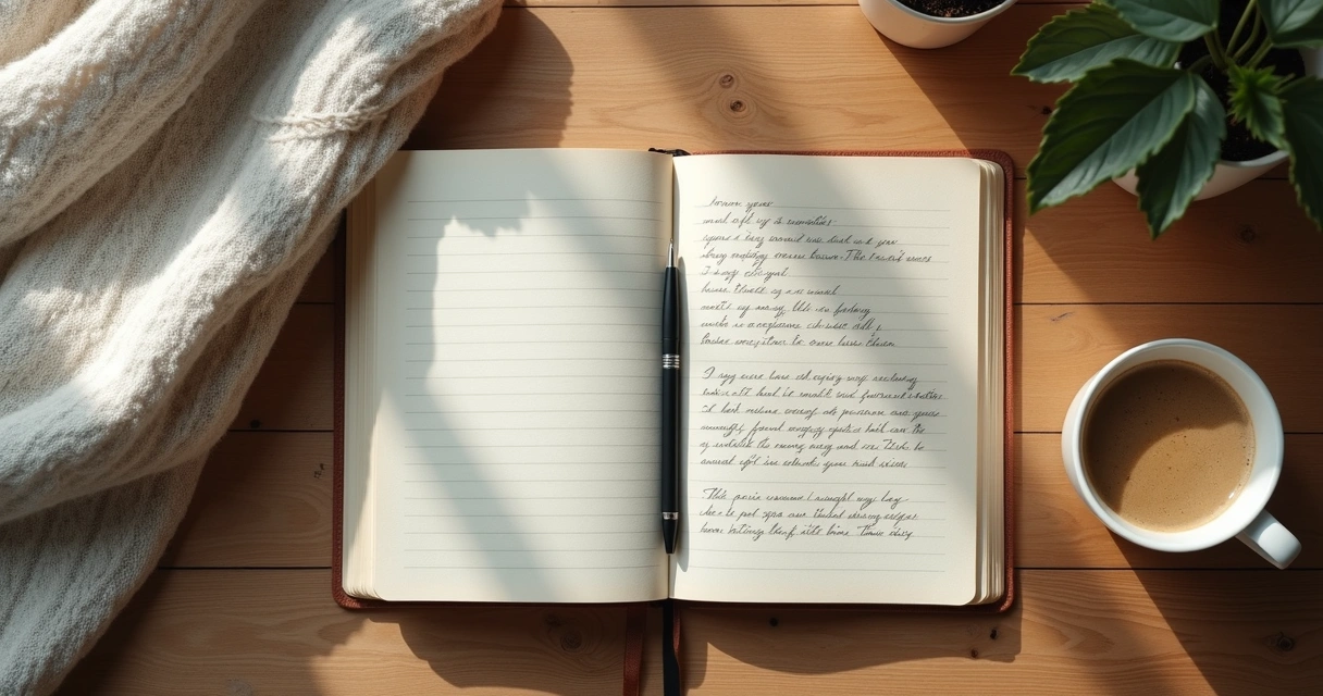 Caderno aberto com anotações ao lado de uma xícara de café 