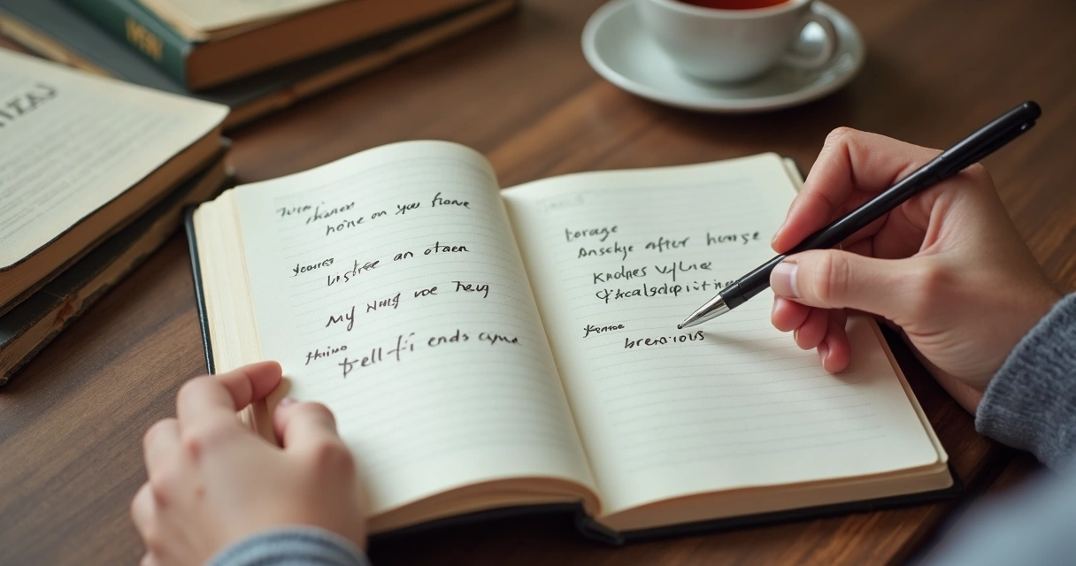 Caderno aberto com anotações sobre autovalor e autocompaixão, mãos segurando caneta 