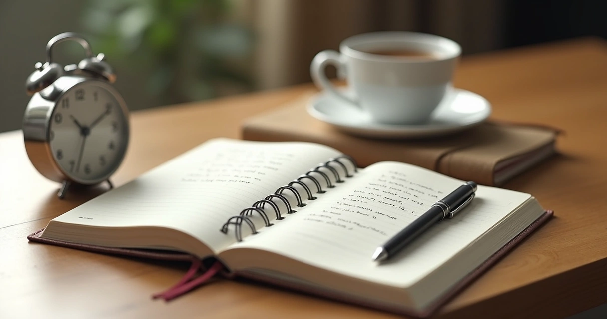 Caderno aberto com anotações e relógio sobre a mesa