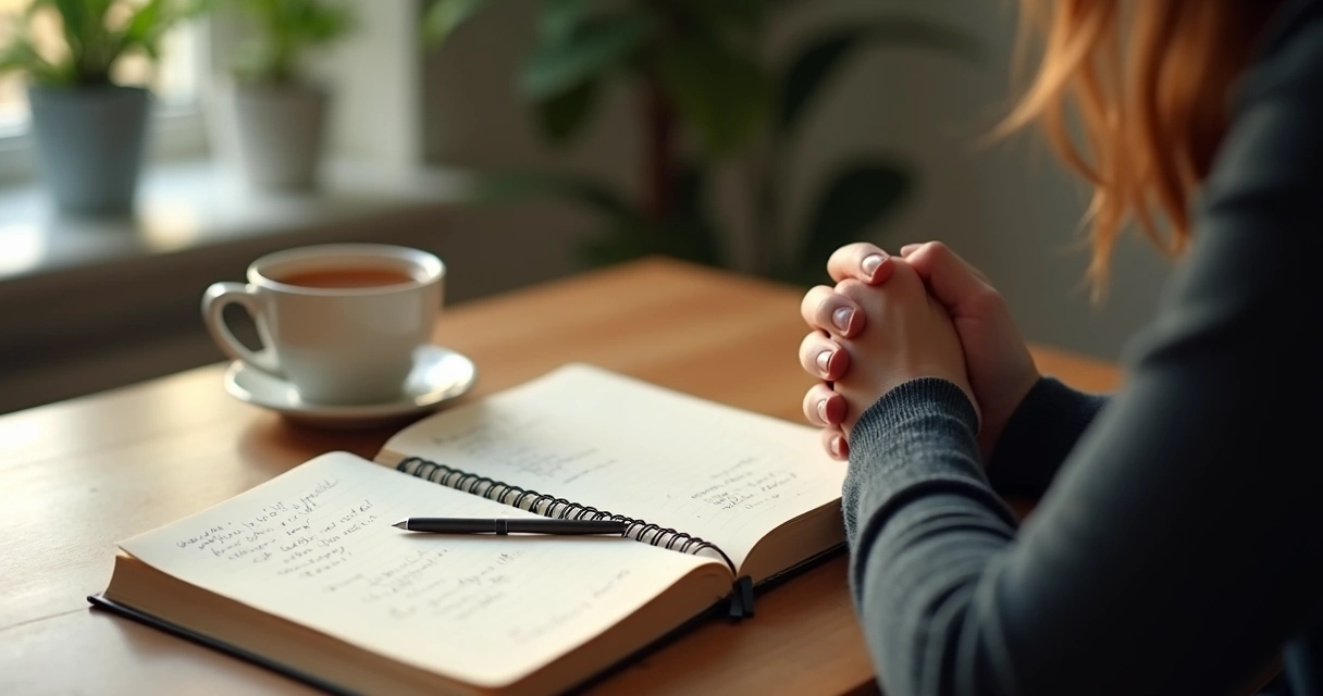 Caderno aberto com anotações e pessoa refletindo à mesa 