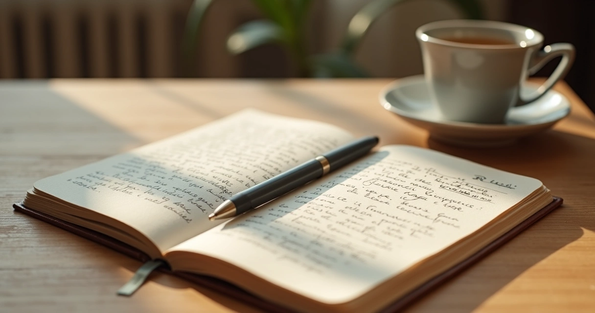Caderno com anotações e xícara ao lado