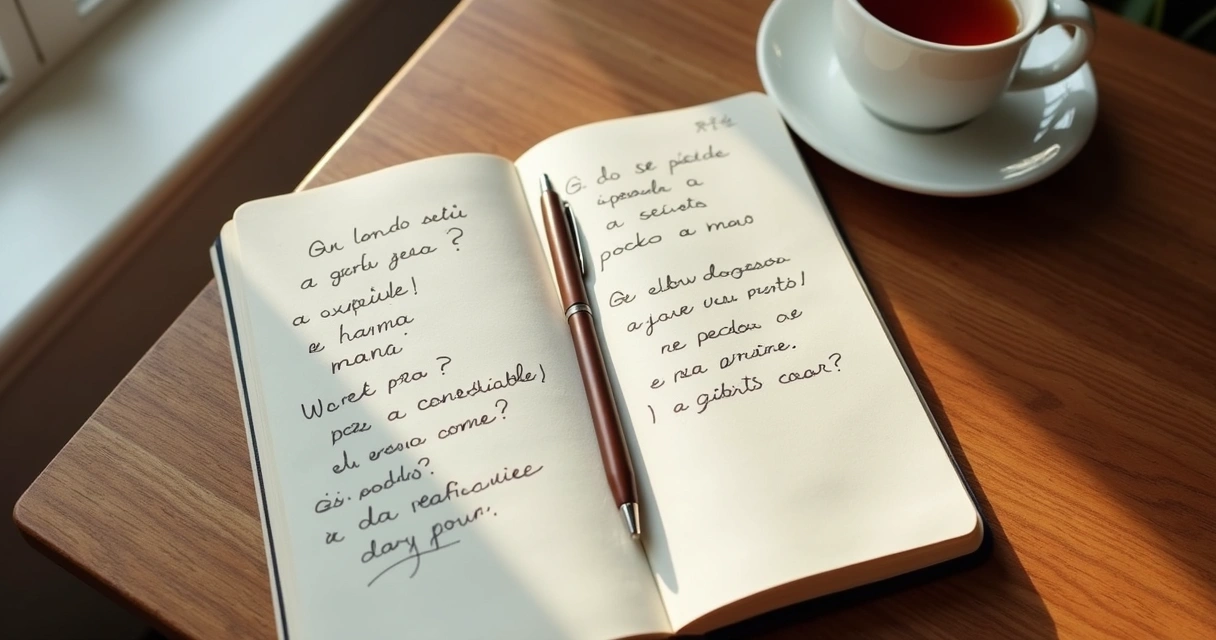 Caderno aberto com perguntas de reflexão e xícara ao lado