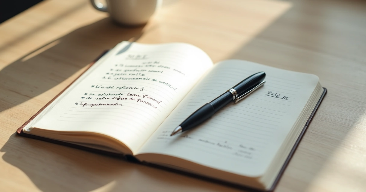 Caderno aberto com anotações de reflexão e uma caneta sobre mesa clara 