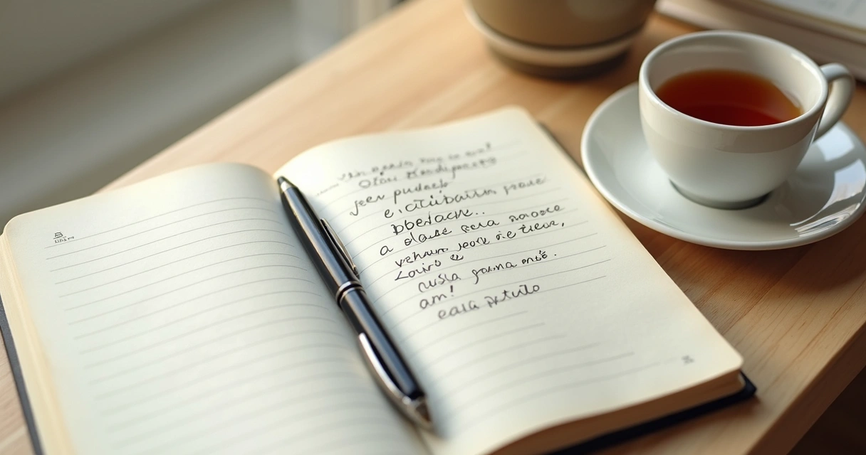 Caderno com anotações reflexivas e xícara sobre mesa clara 