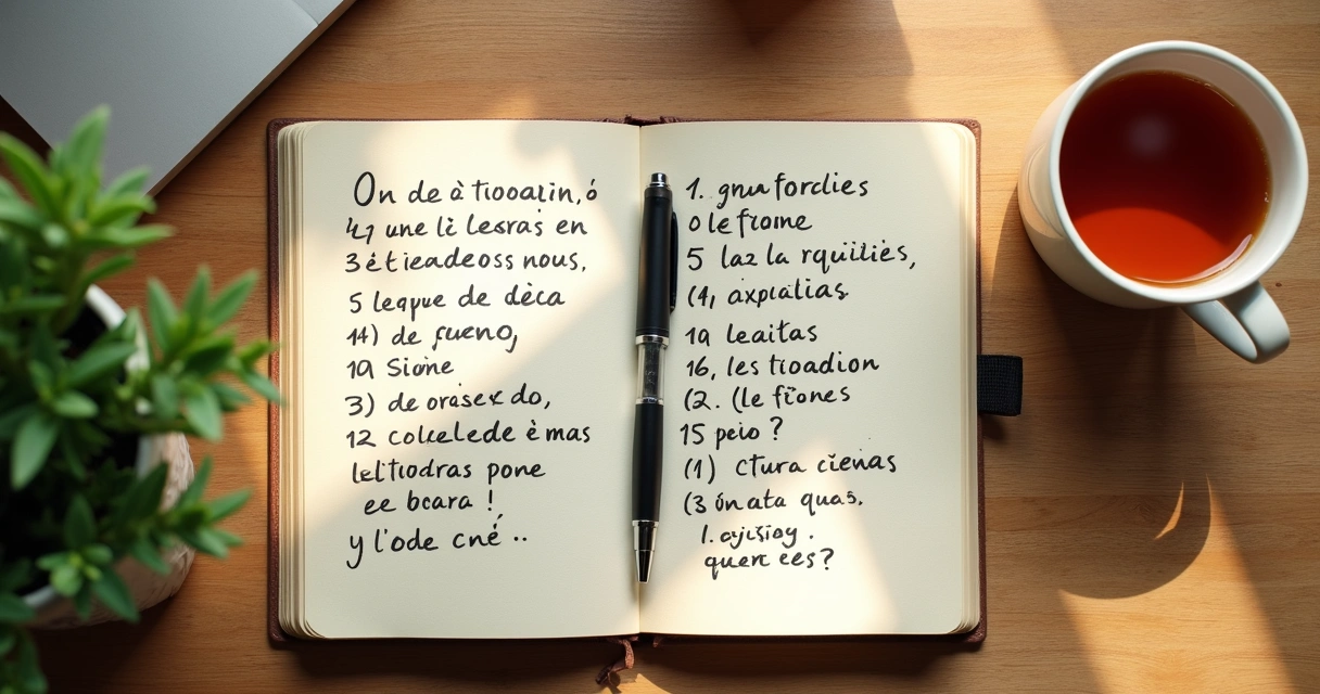 Caderno aberto com anotações e xícara ao lado