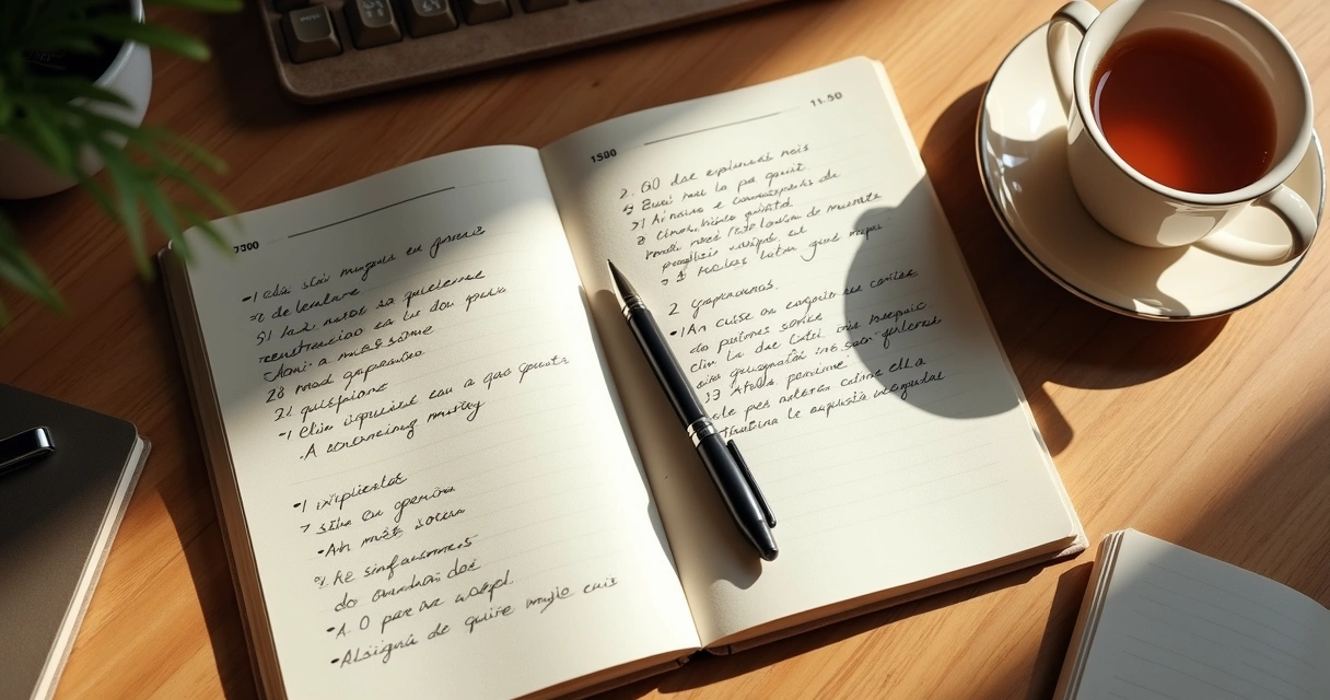 Caderno aberto com anotações de reflexão pessoal 