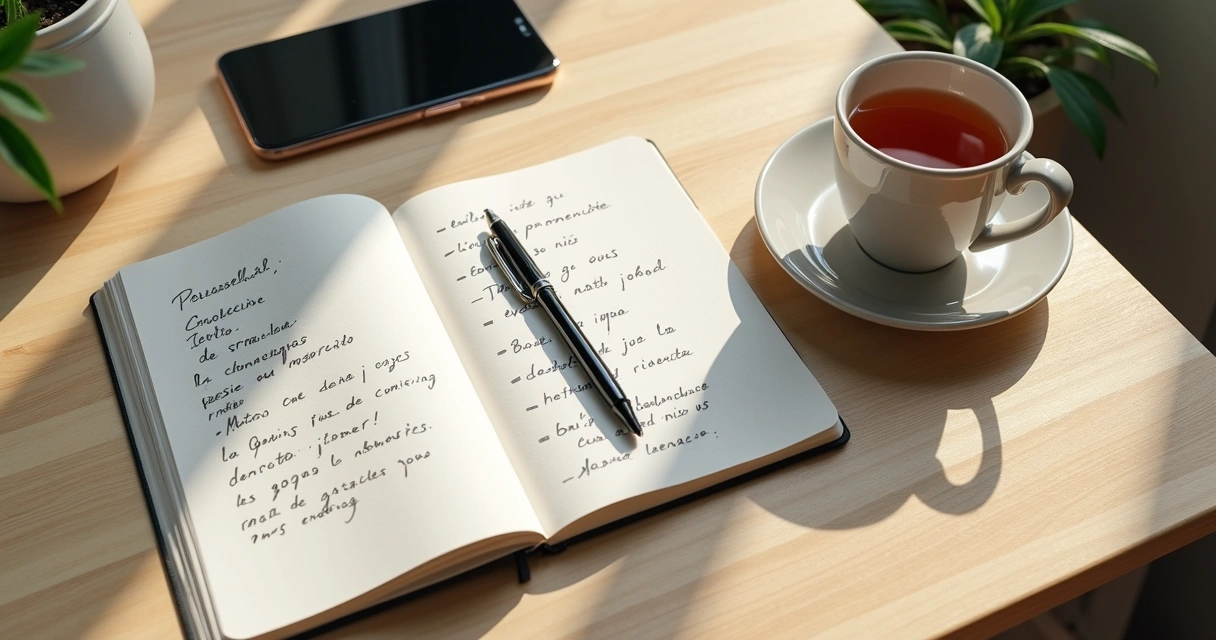 Caderno com anotações e xícara em mesa clara