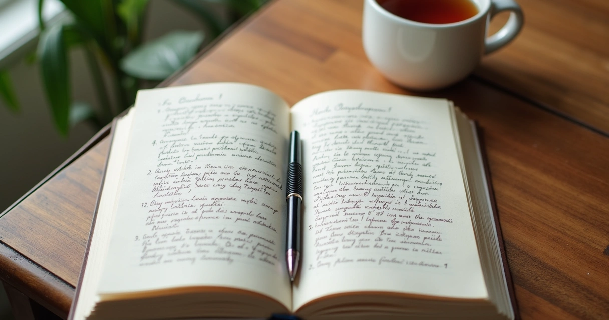 Caderno aberto com anotações de emoções e chá sobre a mesa 