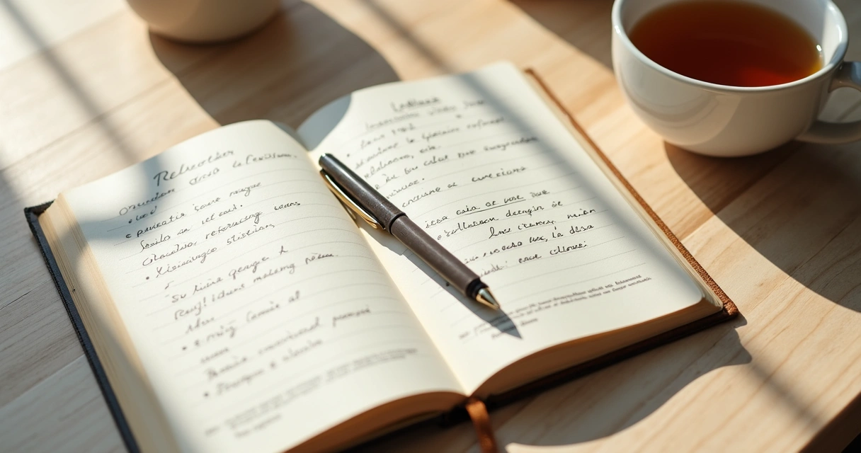 Caderno aberto com anotações e xícara ao lado