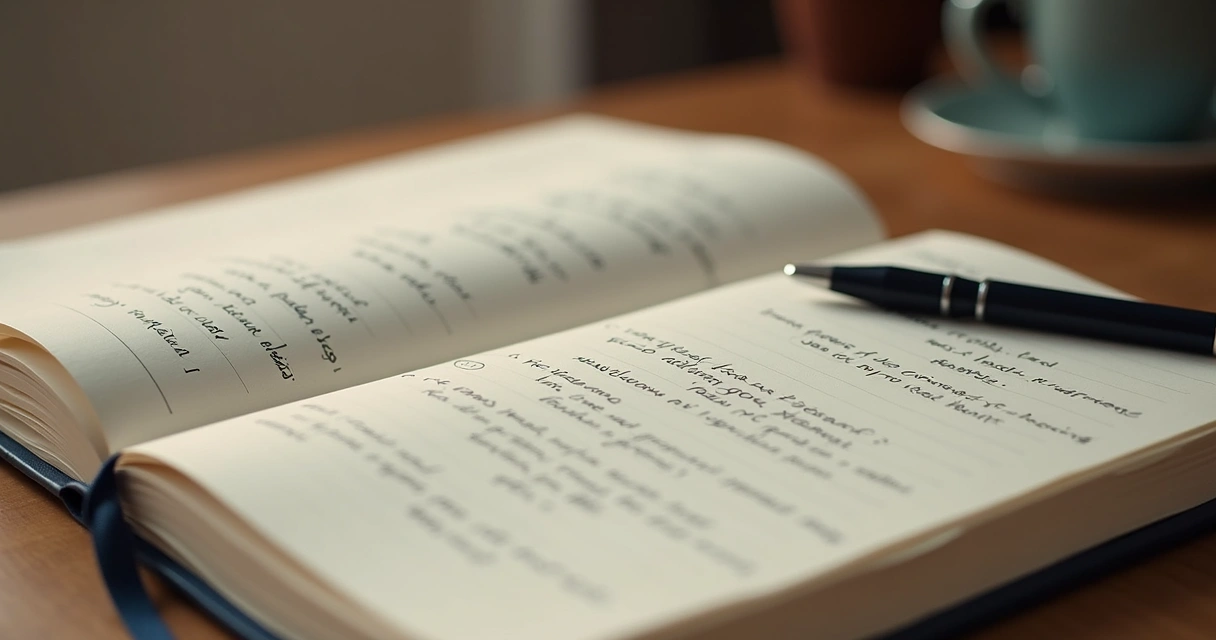 Caderno aberto com caneta ao lado, folhas preenchidas com anotações reflexivas 