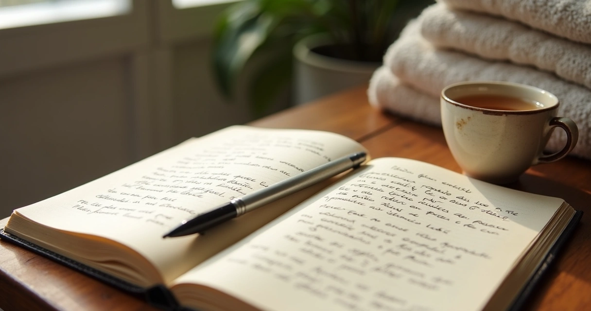 Caderno aberto com anotações de emoções e xícara ao lado
