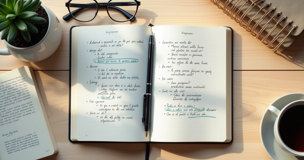 Caderno com anotações emocionais e caneta sobre mesa clara 