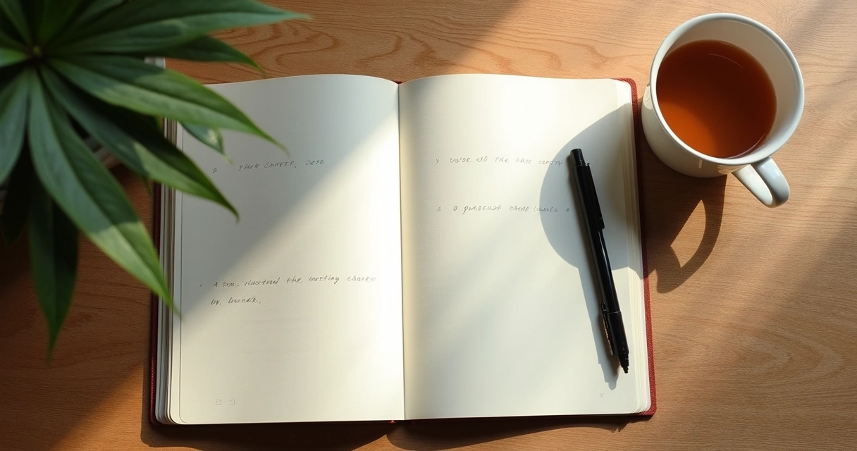 Caderno aberto com anotações reflexivas ao lado de xícara e luz natural
