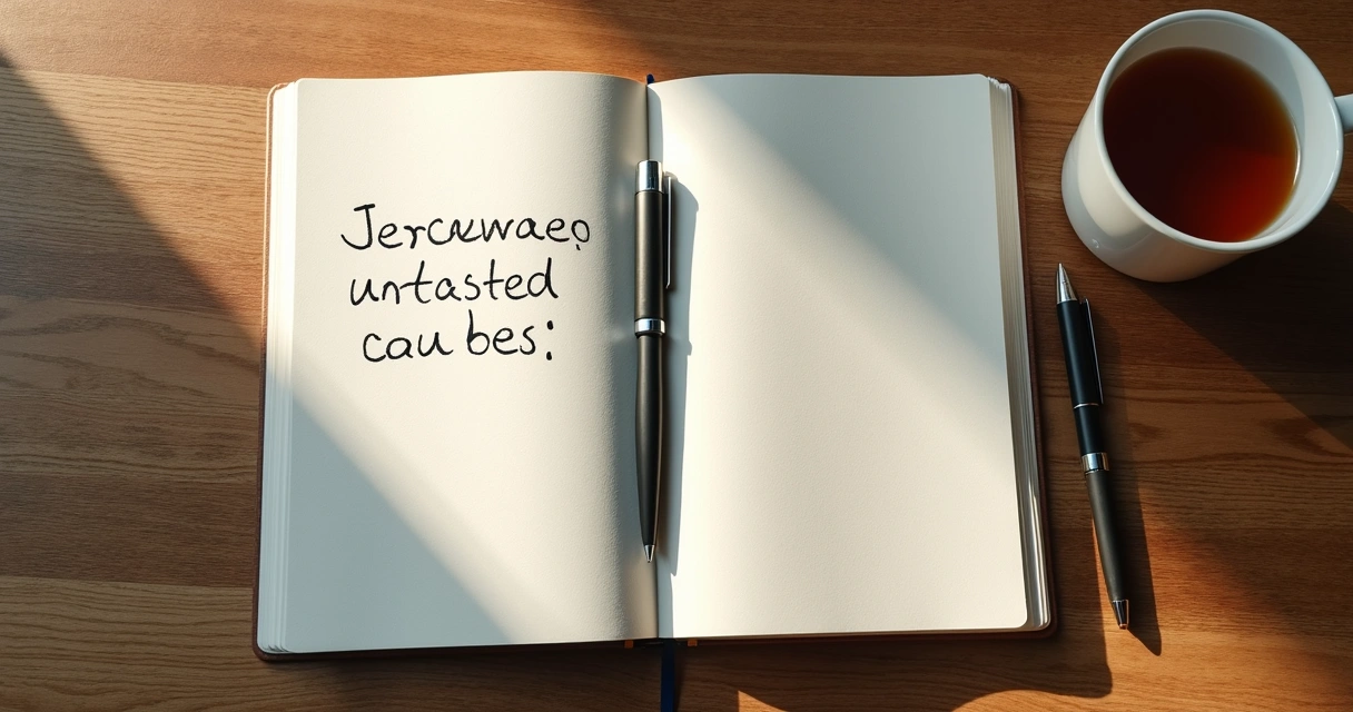 Caderno aberto com anotações emocionais e xícara sobre mesa