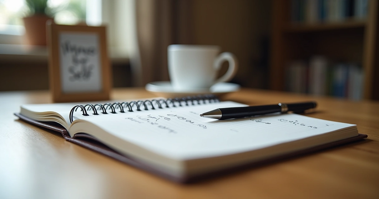 Caderno com anotações de autopesquisa e caneta sobre a mesa 