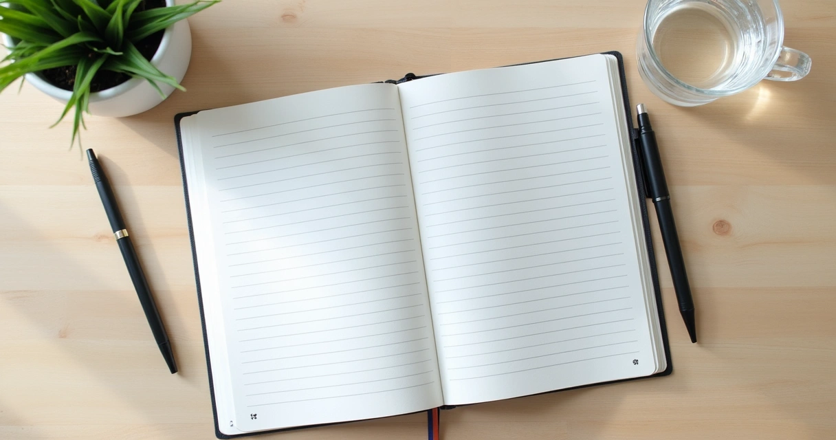 Caderno aberto com anotações e caneta sobre mesa clara 