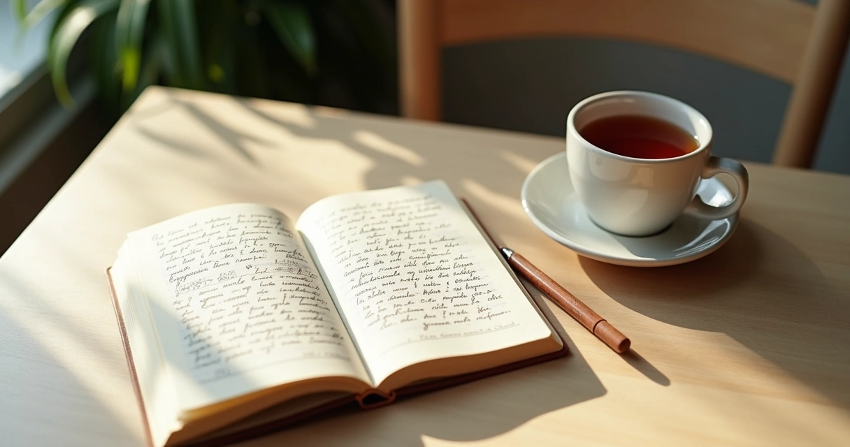 Caderno aberto com anotações e xícara ao lado em mesa clara