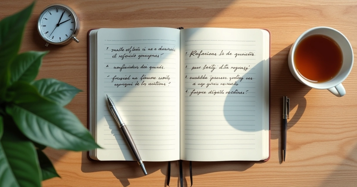 Caderno aberto com anotações e relógio sobre mesa clara