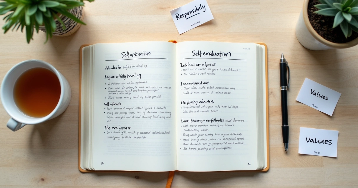 Caderno com anotações de metas e reflexão pessoal em mesa clara 