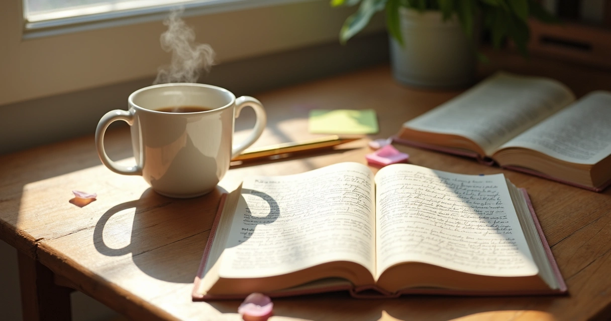 Mesa com caderno aberto, Bíblia, xícara de café e caneta 