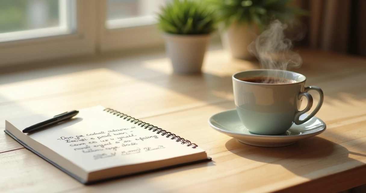Caderno aberto e xícara de café sobre mesa clara