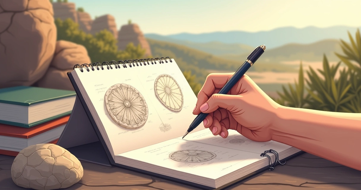 Pessoa escreve em caderno de campo ao lado de amostra de fóssil 