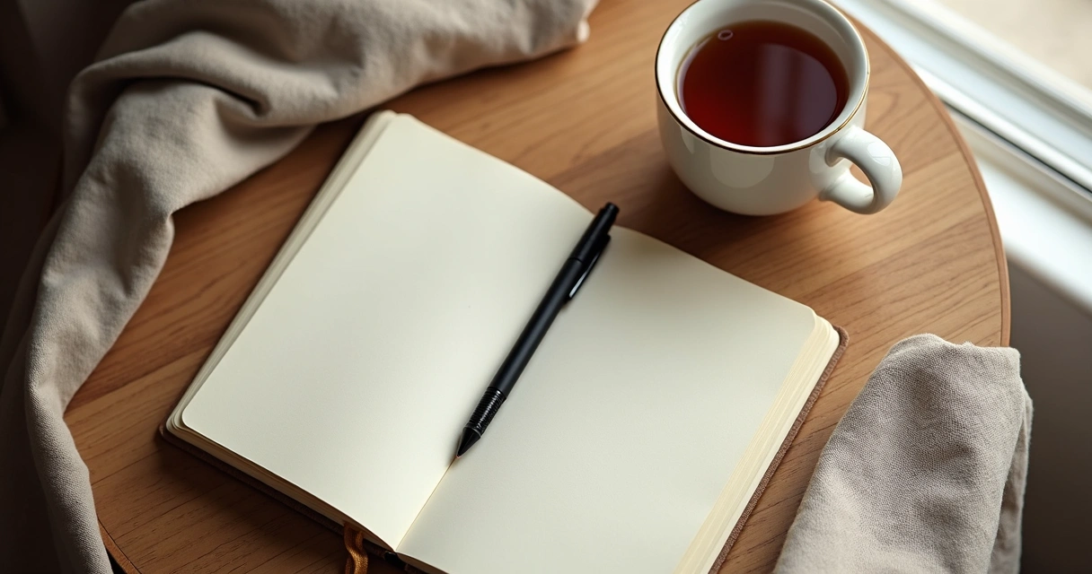 Caderno aberto e xícara de chá em mesa tranquila