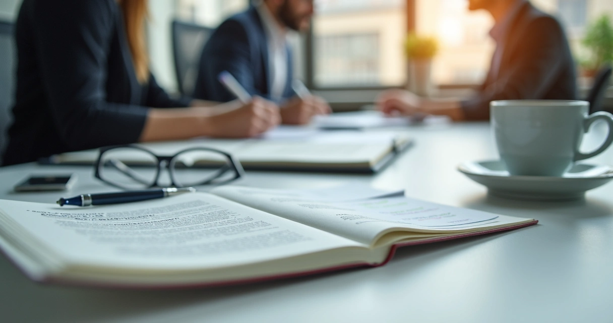 Caderno com código de conduta ao lado de anotações de equipe 