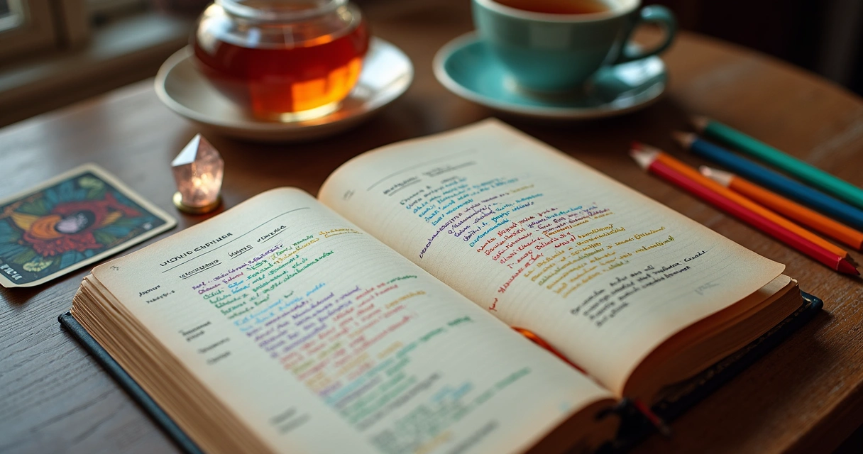 Caderno aberto com códigos gráficos ao lado de cartas de Tarot e lápis coloridos. 