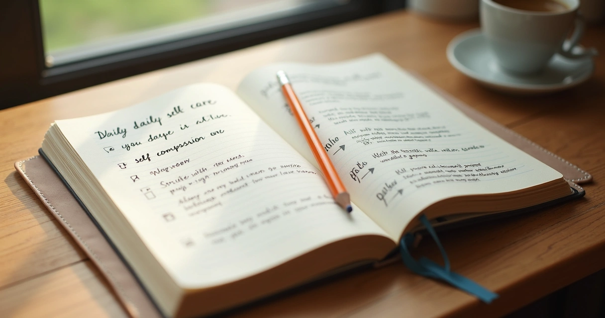 Caderno aberto sobre mesa de madeira, com anotações sobre autocuidado e lápis ao lado