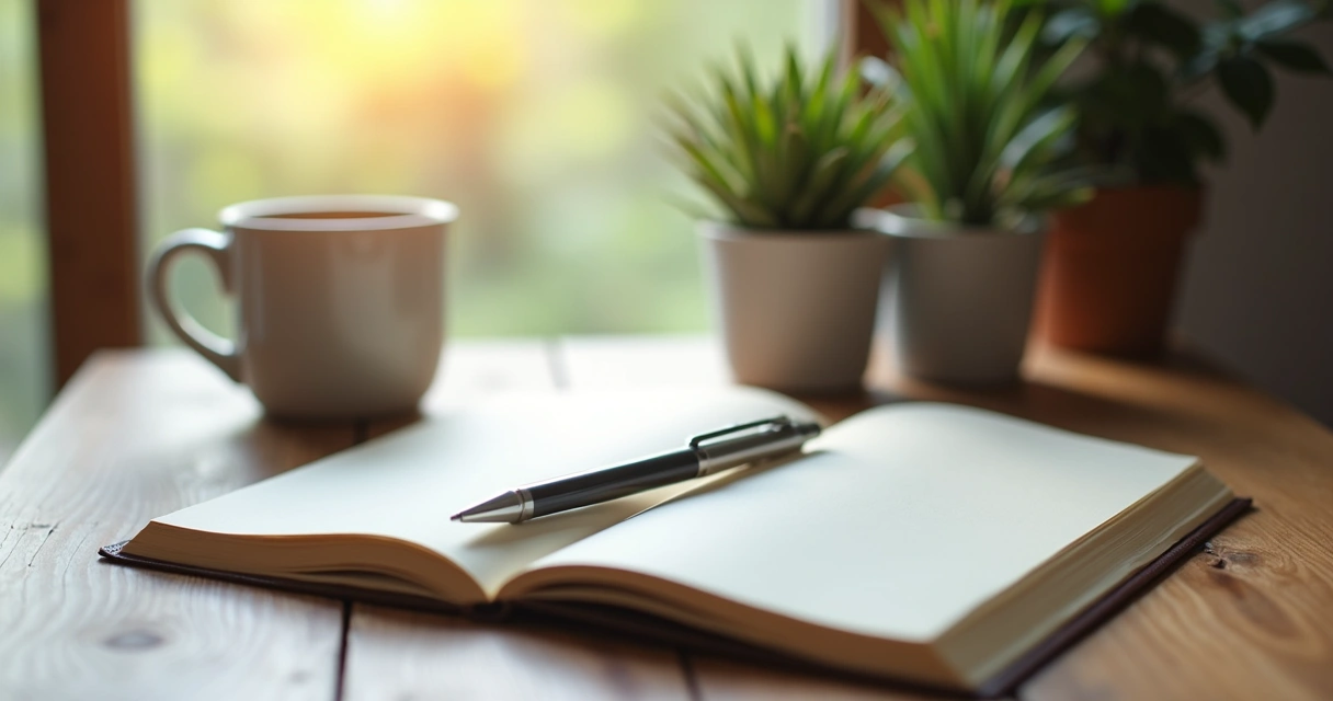Caderno aberto com caneta sobre a mesa, ambiente iluminado de forma suave 