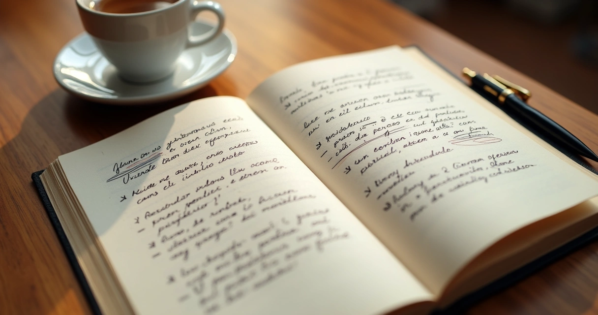 Caderno aberto com anotações de crenças e reflexão