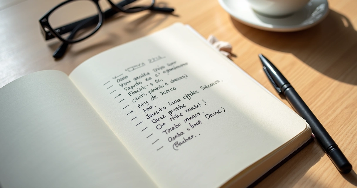 Caderno aberto com frases escritas à mão e caneta sobre mesa clara 