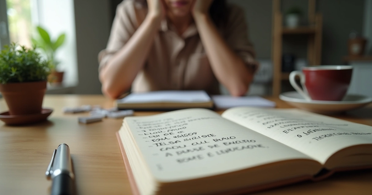 Caderno com frases negativas e pessoa pensativa